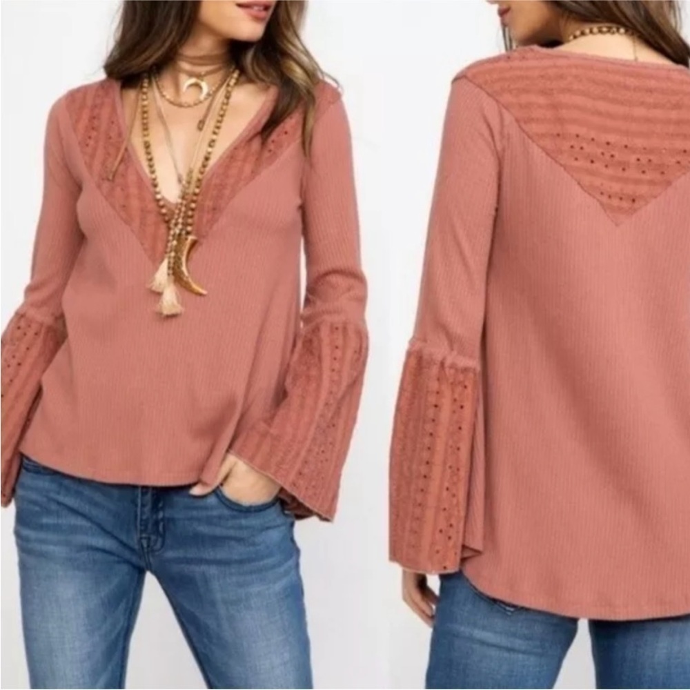 Free People Parisian Nights Pink Eyelet Bell Sleeve Waffle Knit Top size S